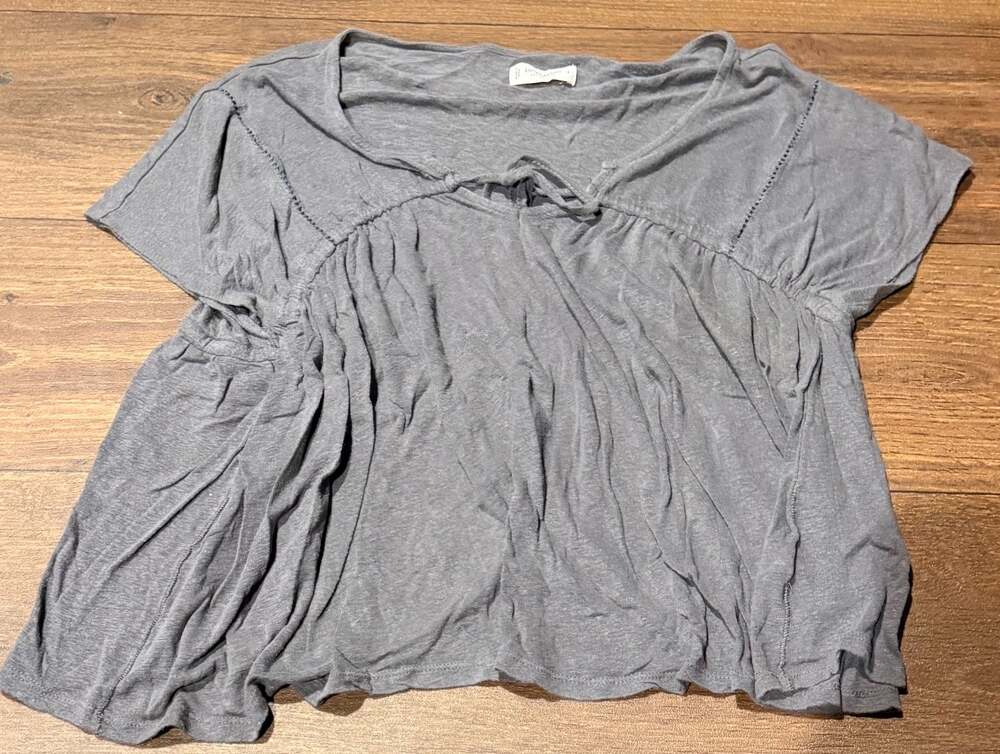 Lucky Brand Gray Short Sleeve Babydoll Top Tie Front Size S